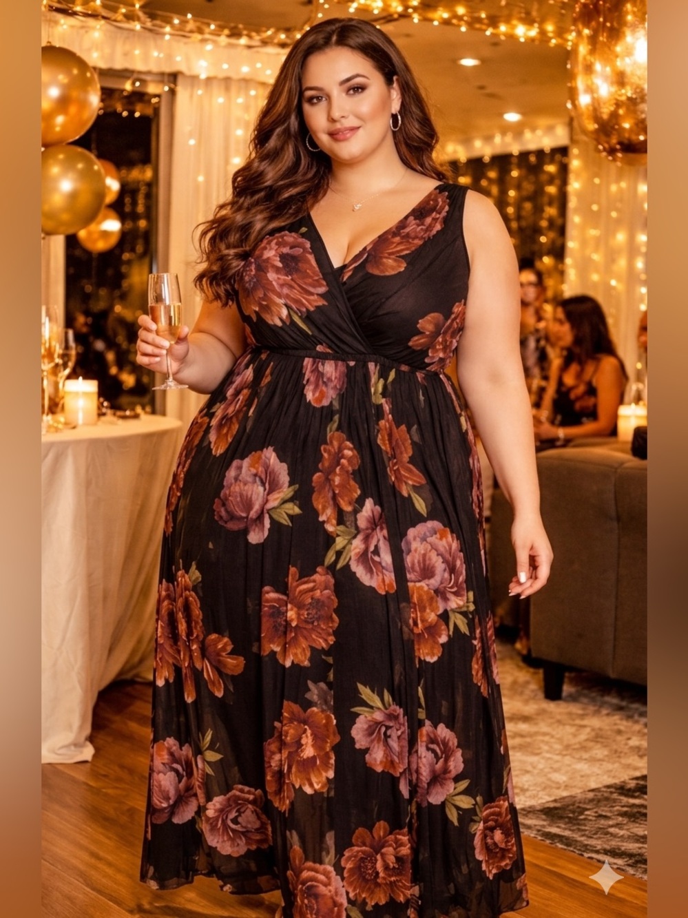 Alexa B Nites Floral V-Neck Maxi Dress 14W NWT